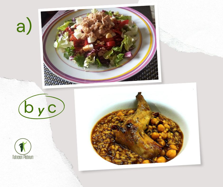 Ensalada de pimientos asados atún y huevo conarroz con conejo y garbanzos en la olla exprés